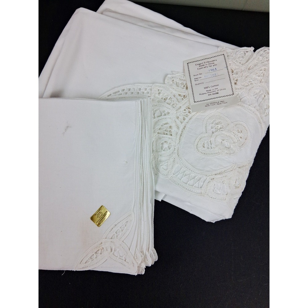New Vintage Battenburg Lace Tablecloth  White Cotton 66" x 102" W/ 12 Napkins